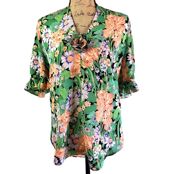 Sandro Paris Reda Green Floral Print Elbow Sleeve 100% Silk Blouse Sz 3/L - Picture 1 of 16